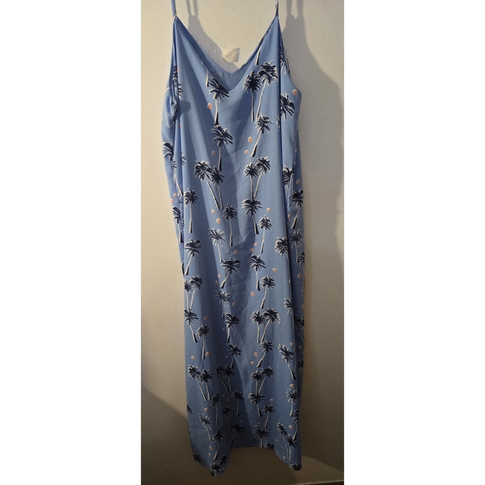 c&e Blue Palm Tree Print Adjustable Spaghetti Strap V-Neck Maxi W/slit Dress L